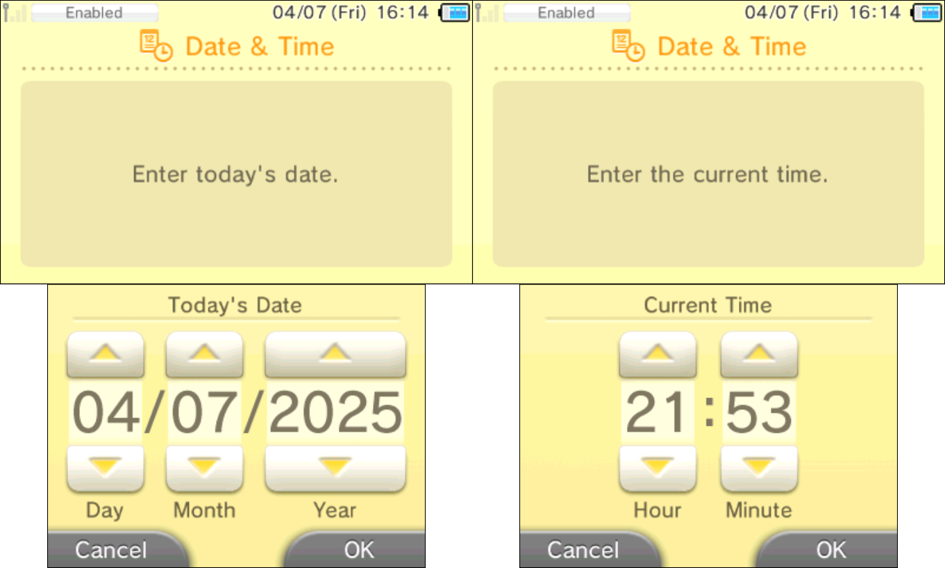 3DS Date & Time screen